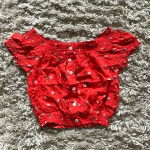 LA Hearts- Cropped Button Down Off The Shoulder Top- Red Floral